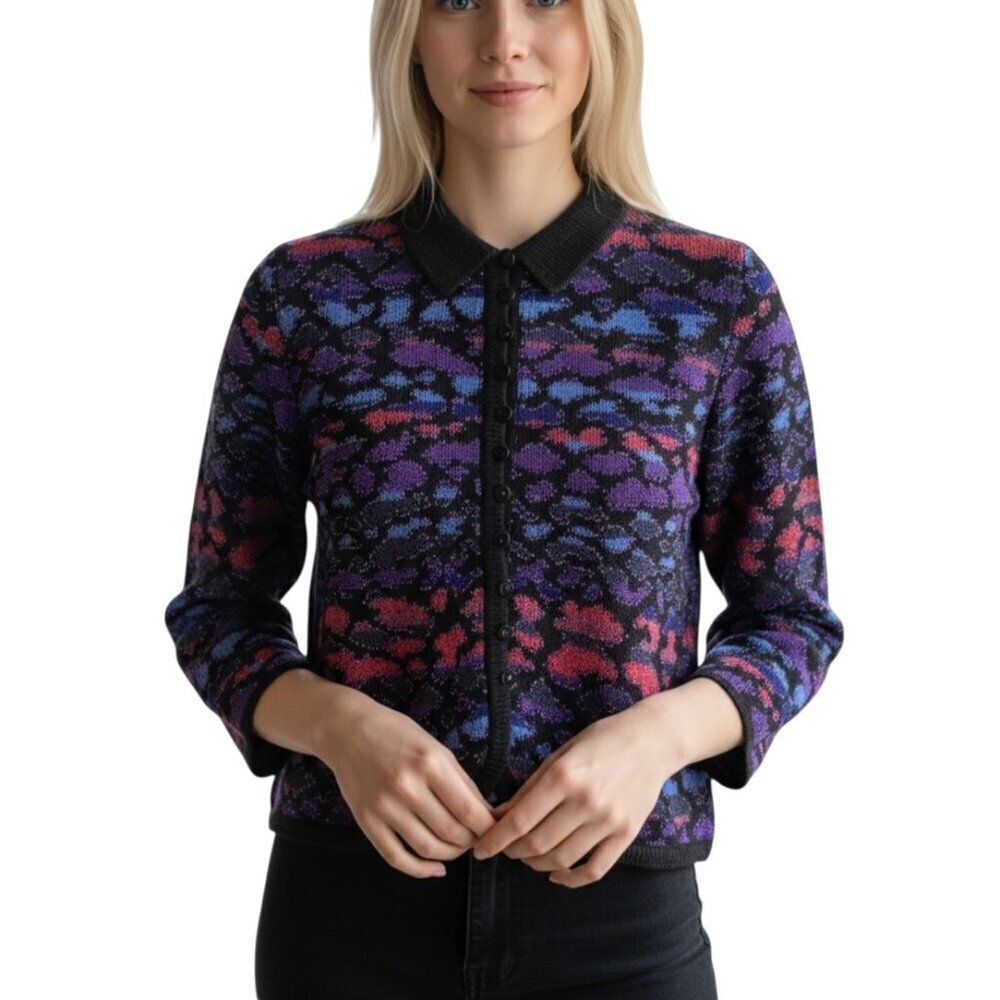 Vintage FRENCH RAGS Black Purple Blue Metallic Cardigan Sweater Size 1/M